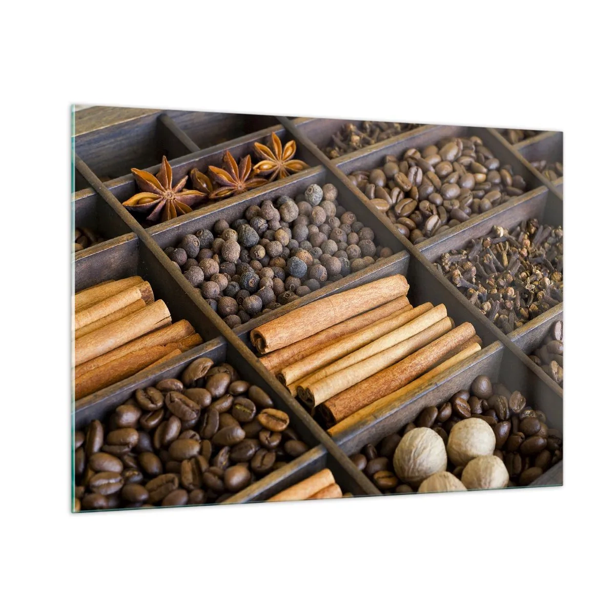 Glasbild - Bild auf glas - Gewürze in Holzfächern - 100x70cm - Eine Fundgrube an Aromen - Moderne Wanddekoration für Wohnzimmer und Schlafzimmer ARTTOR