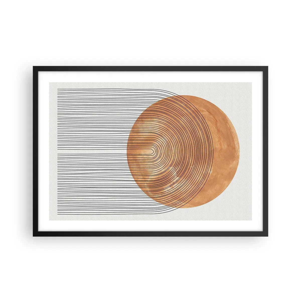 Poster in einem schwarzem Rahmen - Geometrische Komposition mit Kreisen und Linien in warmen Farben. - 70x50cm - SonnenKomposition - Moderne Wanddekoration für Wohnzimmer und Schlafzimmer ARTTOR