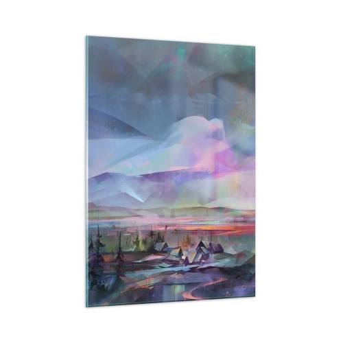 Glasbild - Bild auf glas - Eine farbenfrohe Landschaft mit Bergen und Hütten im surrealen Stil. - 50x70cm - Unter einem wohlwollenden Himmel - Moderne Wanddekoration für Wohnzimmer und Schlafzimmer ARTTOR