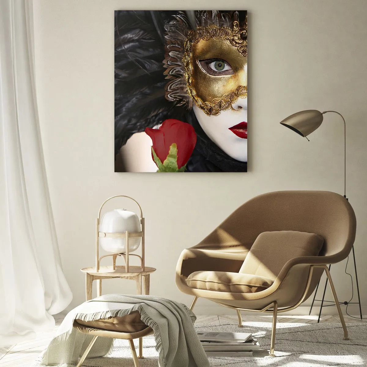 Glasbild - Bild auf glas - Karnevalsmaske mit roter Rose - 50x70cm - Denn das Leben ist ein großer Ball - Moderne Wanddekoration für Wohnzimmer und Schlafzimmer ARTTOR