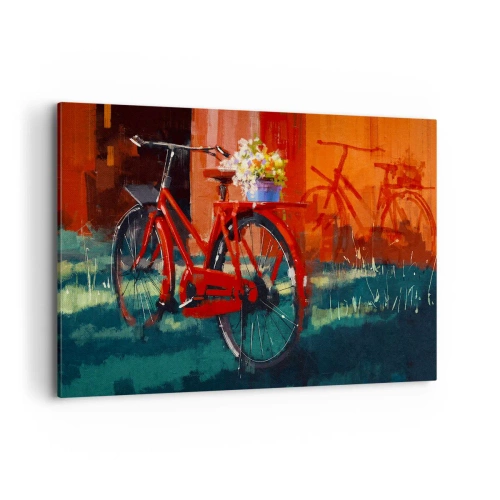 Bild auf Leinwand - Leinwandbild - Ein rotes Fahrrad mit Blumen vor einer orangefarbenen Wand - 120x80cm - Ich möchte mit meinem Fahrrad fahren - Moderne Wanddekoration für Wohnzimmer und Schlafzimmer ARTTOR
