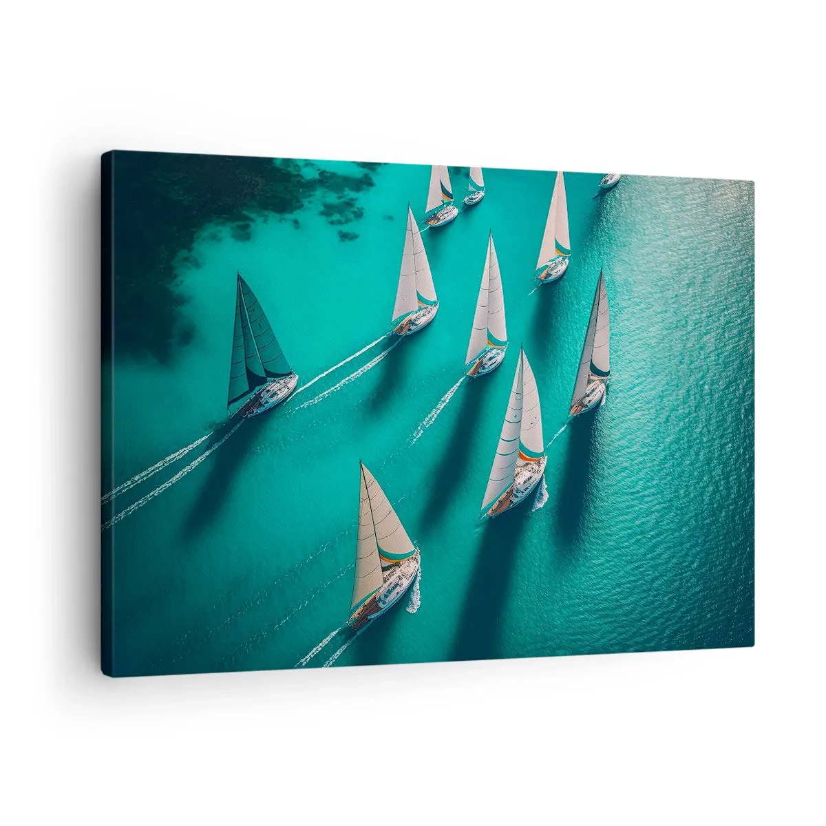 Bild auf Leinwand - Leinwandbild - Yachten auf türkisfarbenem Wasser in dynamischer Bewegung - 70x50cm - Im Wettbewerb mit dem Wind - Moderne Wanddekoration für Wohnzimmer und Schlafzimmer ARTTOR