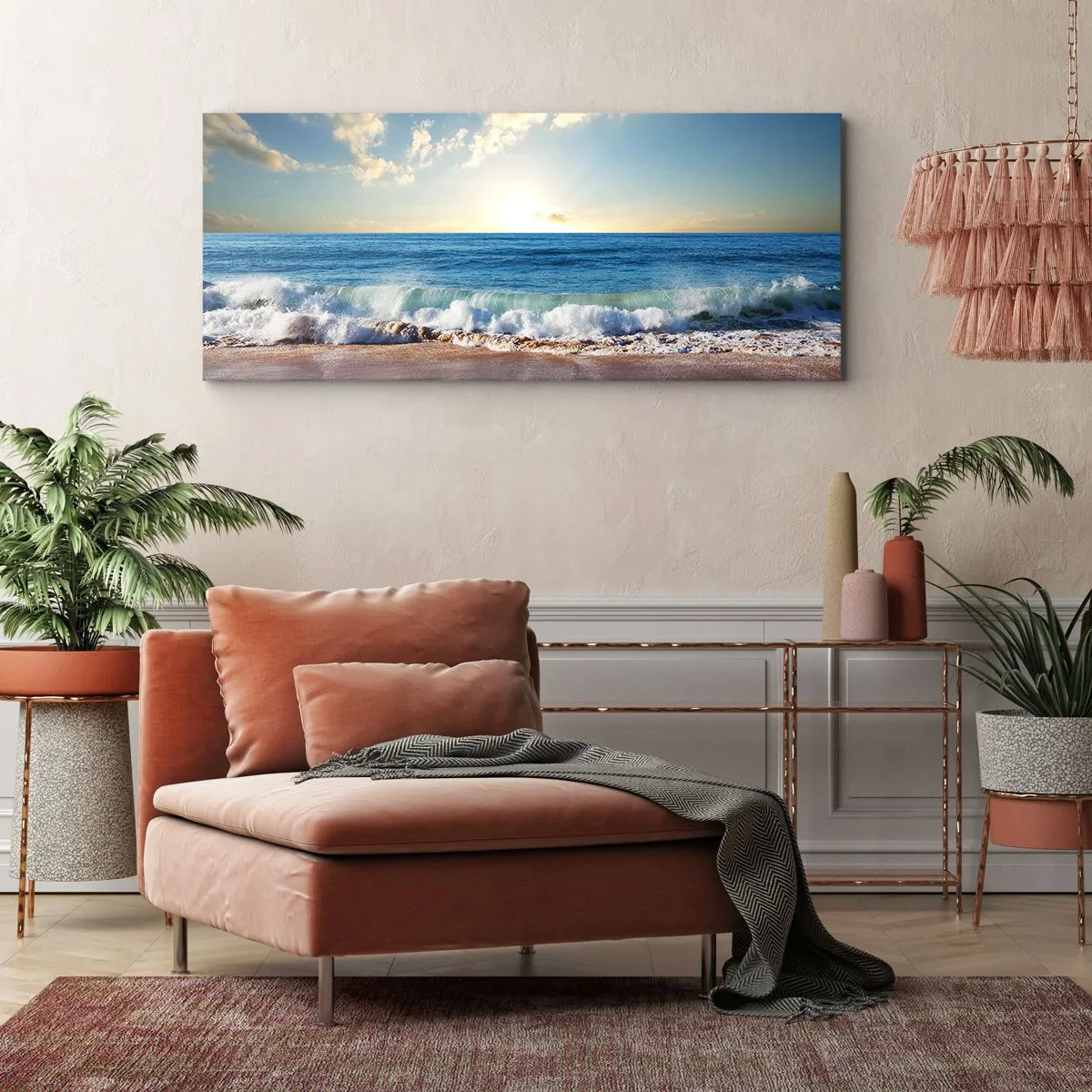 Bild auf Leinwand - Leinwandbild - Ein sonniger Strand mit Wellen, die an die Küste krachen - 120x50cm - Bewegung und Stille zugleich - Moderne Wanddekoration für Wohnzimmer und Schlafzimmer ARTTOR