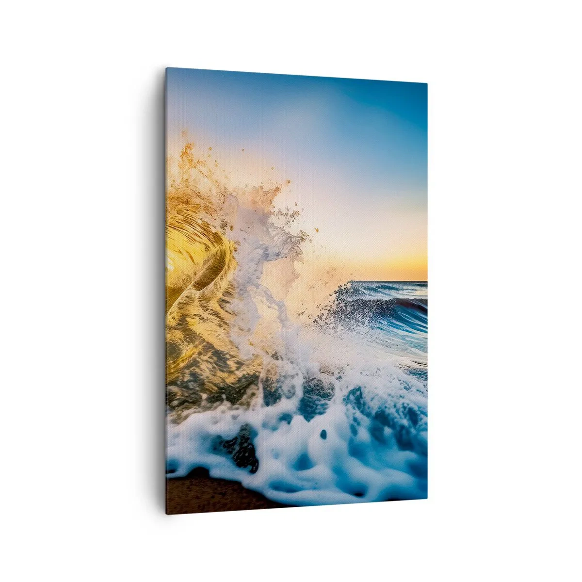 Bild auf Leinwand - Leinwandbild - Eine goldene Welle vor dem Hintergrund der untergehenden Sonne - 80x120cm - Spaß im Sand - Moderne Wanddekoration für Wohnzimmer und Schlafzimmer ARTTOR