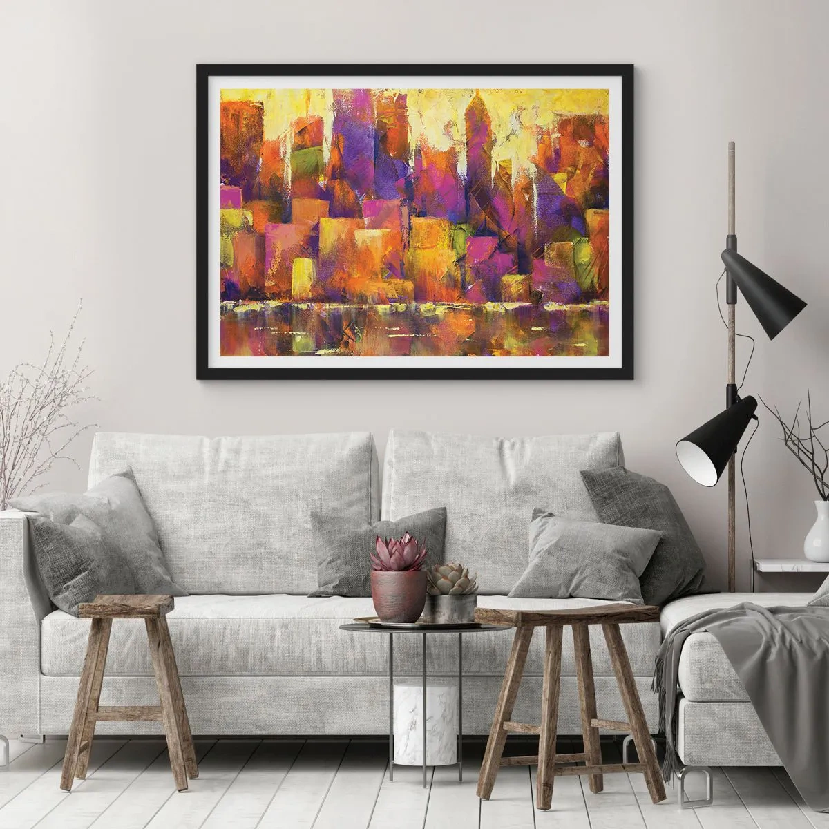 Poster in einem schwarzem Rahmen - Abstrakte Komposition einer Metropole in Gelb- und Lilatönen - 100x70cm - Metropolitische Komposition - Moderne Wanddekoration für Wohnzimmer und Schlafzimmer ARTTOR