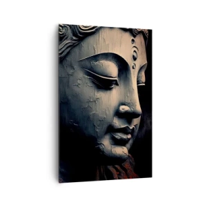 Bild auf Leinwand - Leinwandbild - Buddha-Skulptur mit einer roten Lotusblüte - 80x120cm - Im Einklang mit der Welt - Moderne Wanddekoration für Wohnzimmer und Schlafzimmer ARTTOR