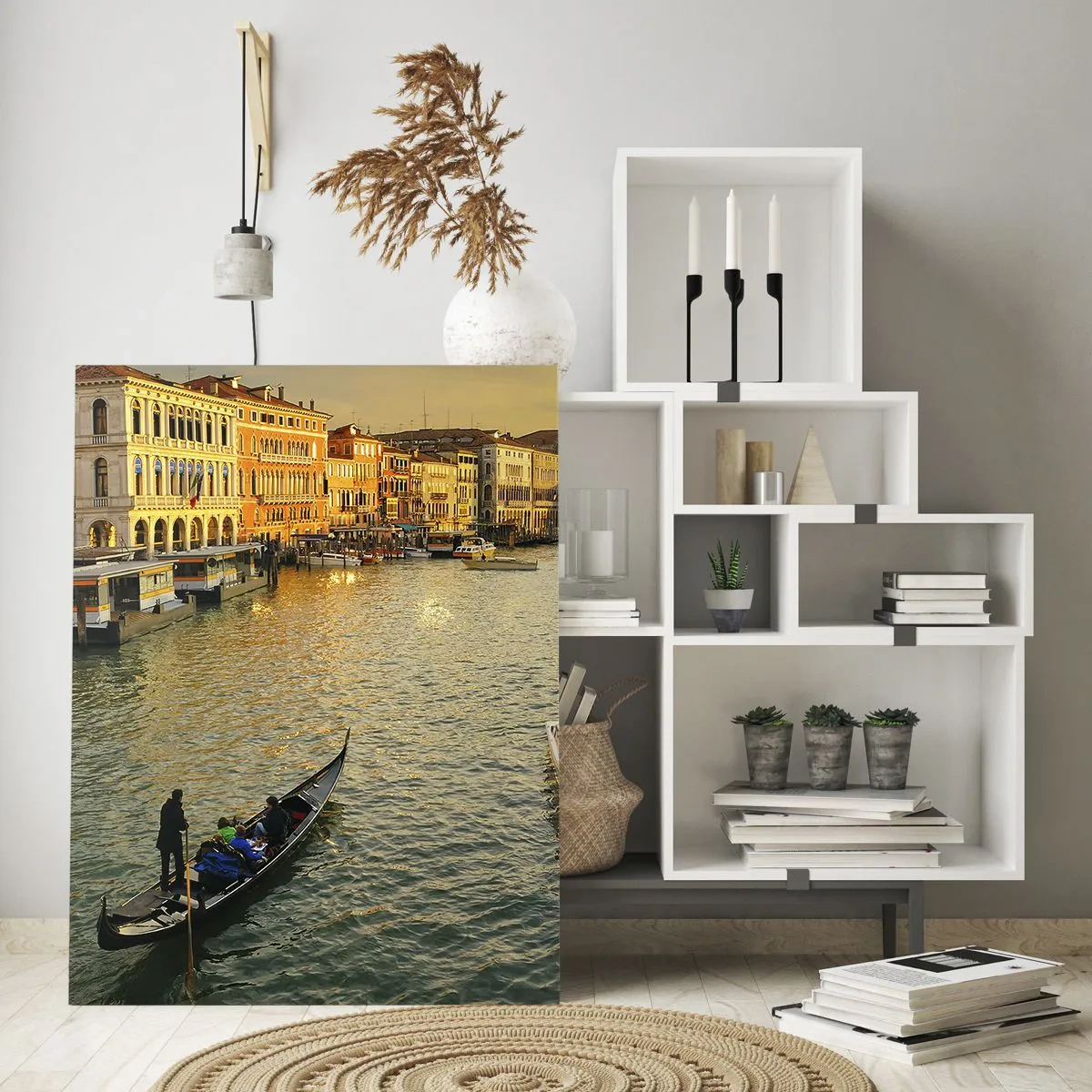 Glasbild - Bild auf glas - Gondel auf einem Kanal in Venedig bei Sonnenuntergang - 80x120cm - Auf der Sonnenseite der Straße - Moderne Wanddekoration für Wohnzimmer und Schlafzimmer ARTTOR