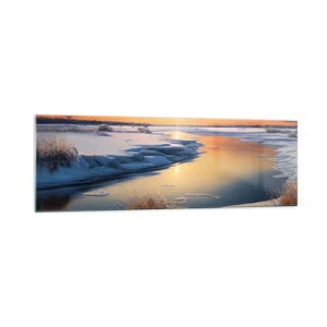 Glasbild - Bild auf glas - Winterlandschaft mit einem Fluss bei Sonnenuntergang - 160x50cm - Wintersonnenuntergang - Moderne Wanddekoration für Wohnzimmer und Schlafzimmer ARTTOR