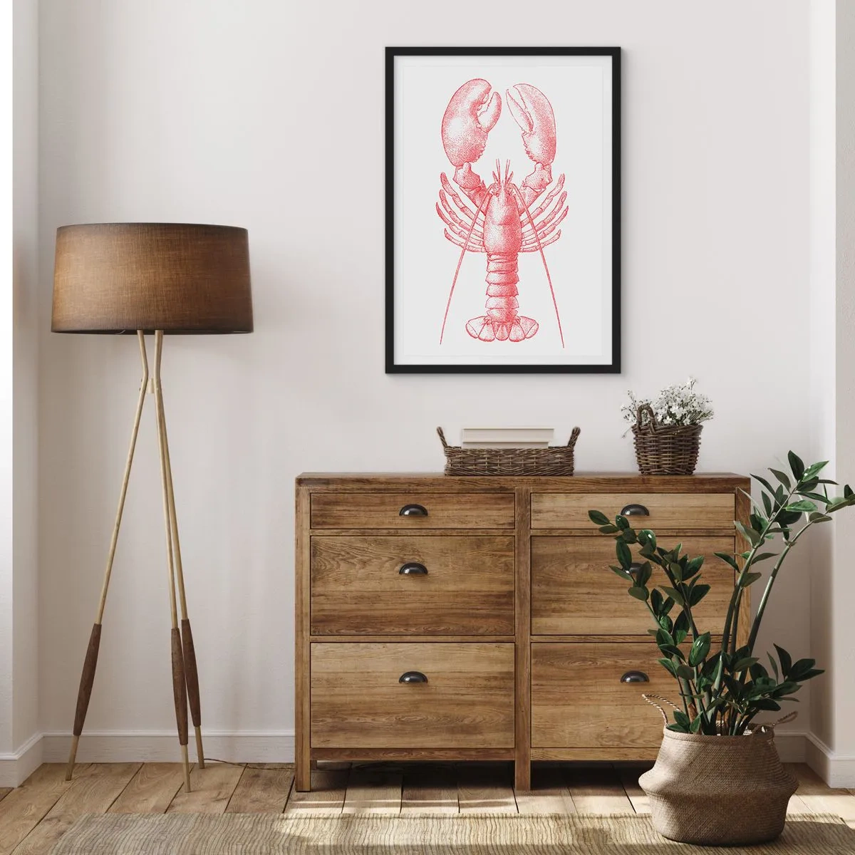 Poster in einem schwarzem Rahmen - Vintage Hummer Zeichnung auf einem hellen Hintergrund - 50x70cm - Hummer, der Homers würdig ist - Moderne Wanddekoration für Wohnzimmer und Schlafzimmer ARTTOR