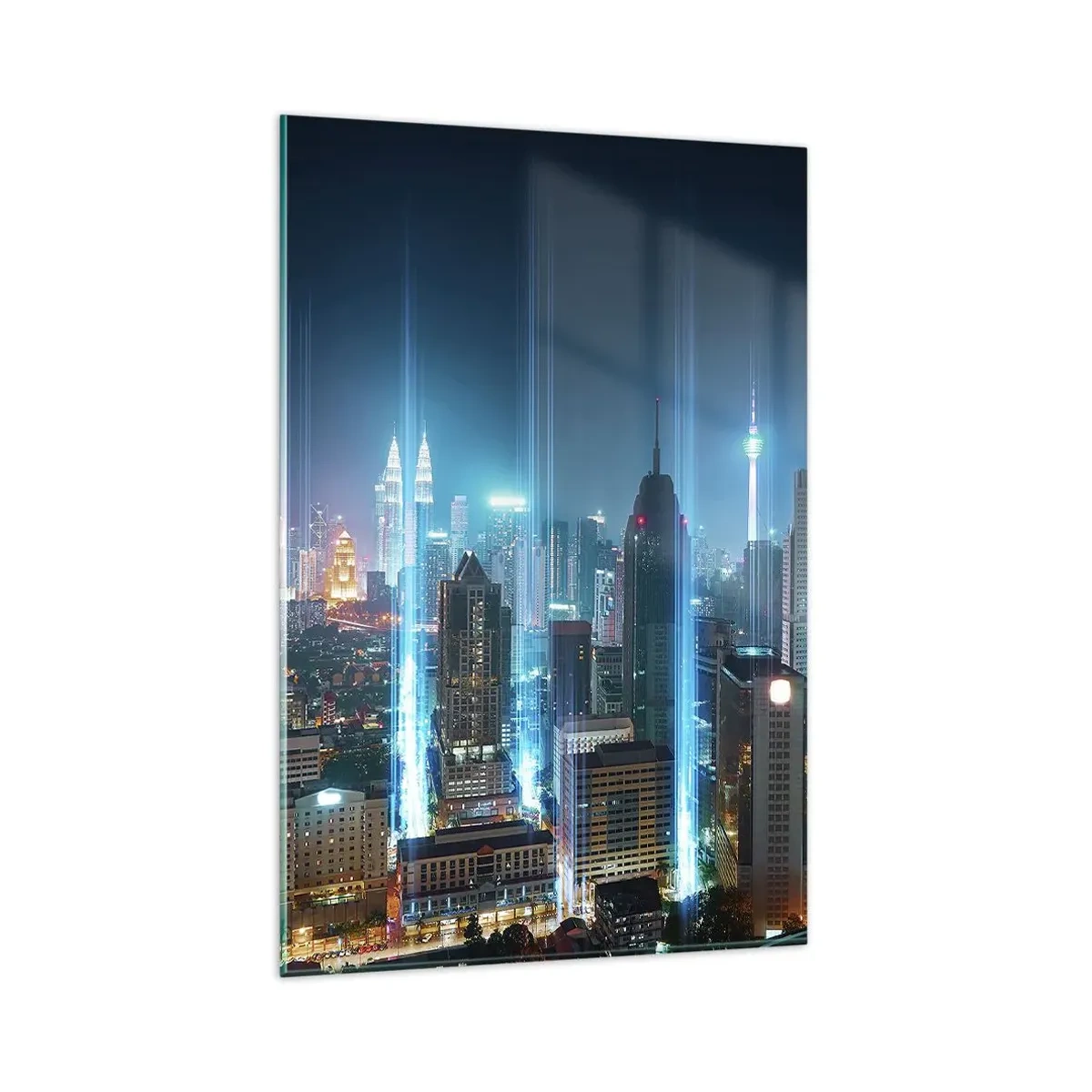 Glasbild - Bild auf glas - Eine moderne Stadt bei Nacht mit futuristischen Lichtakzenten. - 80x120cm - Auf Berliner Art gegen den Himmel - Moderne Wanddekoration für Wohnzimmer und Schlafzimmer ARTTOR