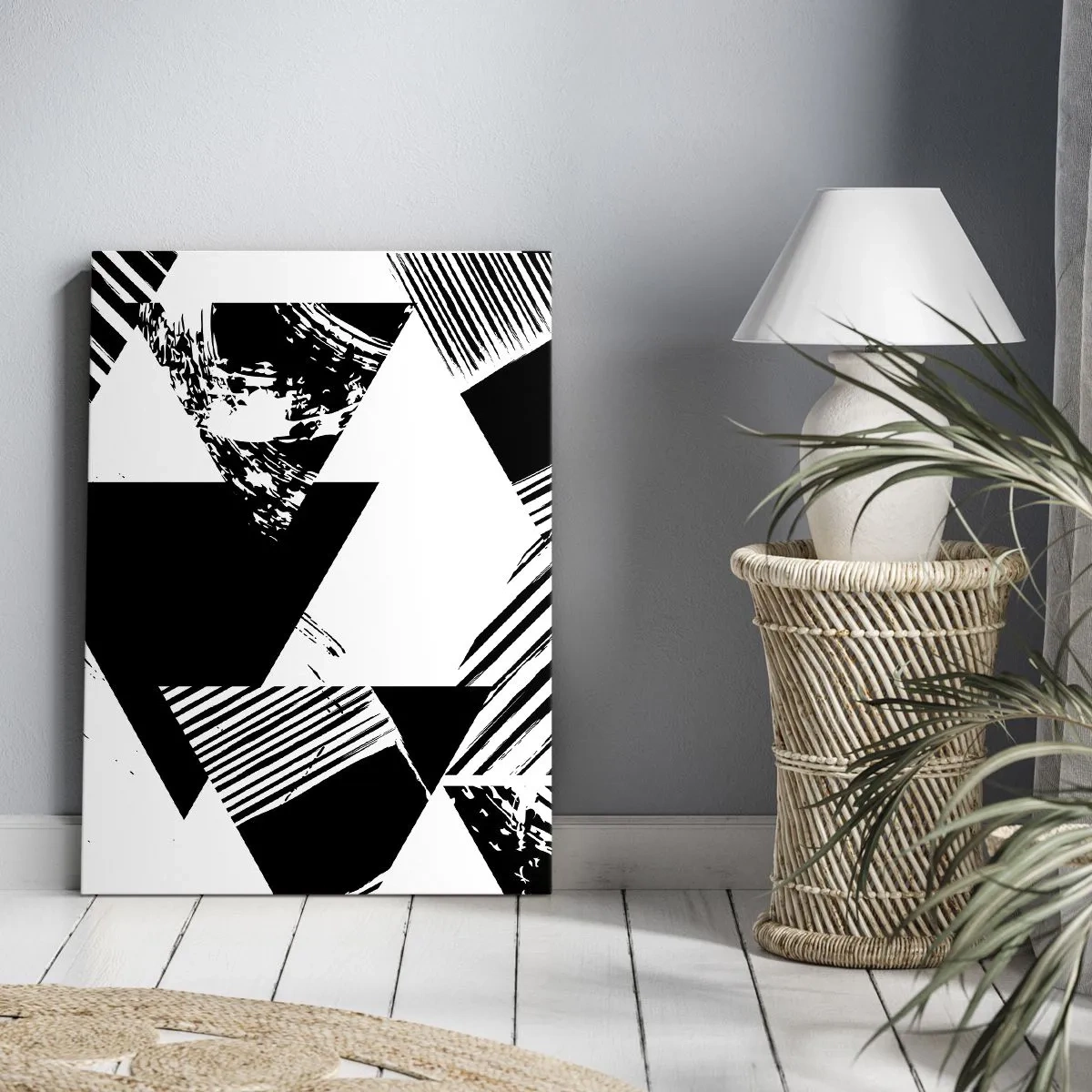 Bild auf Leinwand - Leinwandbild - Geometrische Muster in minimalistischer Schwarz-Weiß-Form - 80x120cm - Regen von Dreiecken - Moderne Wanddekoration für Wohnzimmer und Schlafzimmer ARTTOR