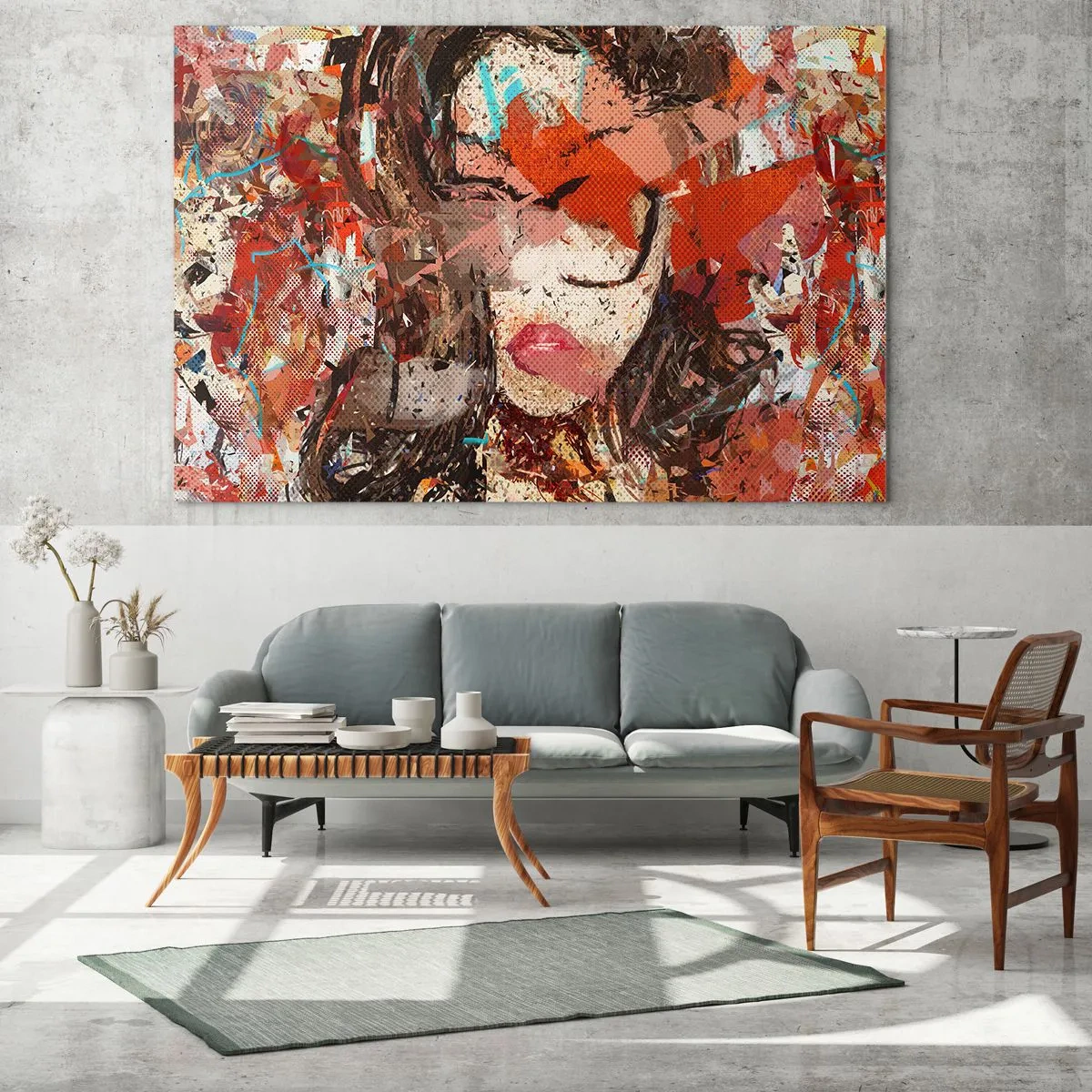 Glasbild - Bild auf glas - Abstraktes Frauenporträt in Rot- und Beigetönen - 70x50cm - Niemand weiß, was du wirklich bist - Moderne Wanddekoration für Wohnzimmer und Schlafzimmer ARTTOR