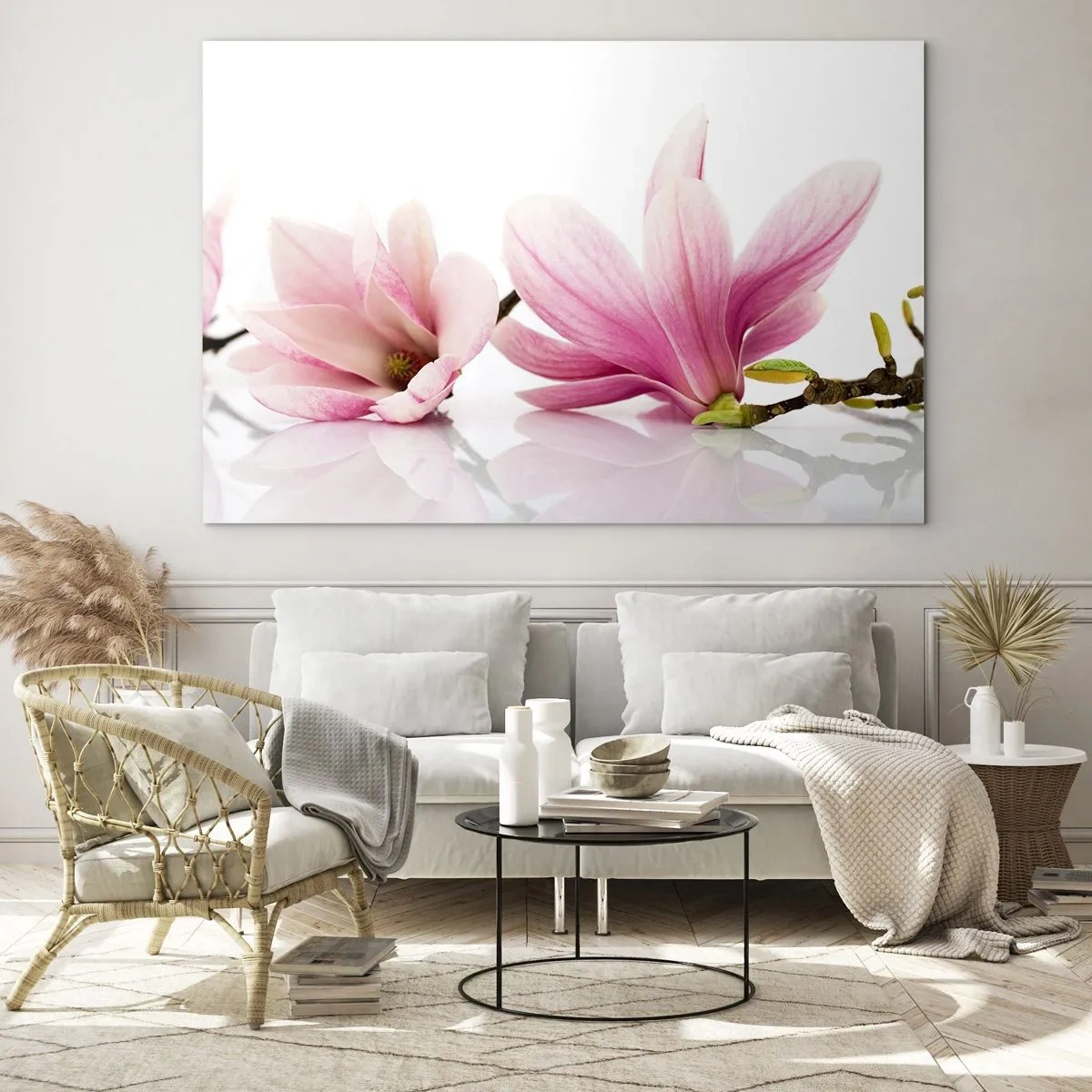 Glasbild - Bild auf glas - Zarte Magnolienblüten auf weißem Hintergrund - 70x50cm - Zart wie ein Frühlingswind - Moderne Wanddekoration für Wohnzimmer und Schlafzimmer ARTTOR