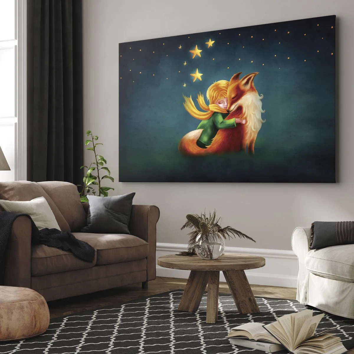 Bild auf Leinwand - Leinwandbild - Ein Junge mit einem Fuchs in einer magischen Umgebung mit Sternen - 120x80cm - Kleiner Prinz - Moderne Wanddekoration für Wohnzimmer und Schlafzimmer ARTTOR