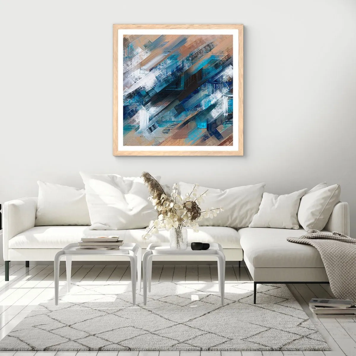 Poster in einem Rahmen aus heller Eiche - Auf einer blauen Diagonale - 30x30 cm