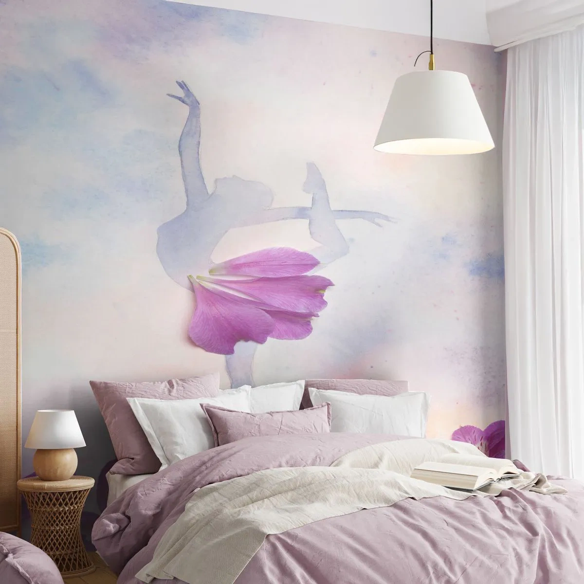 Fototapete Premium Sand - Silhouette einer Ballerina mit einem Blütenblatt - 100x70cm - Zart wie eine Blume - Moderne Wanddekoration für Wohnzimmer und Schlafzimmer ARTTOR