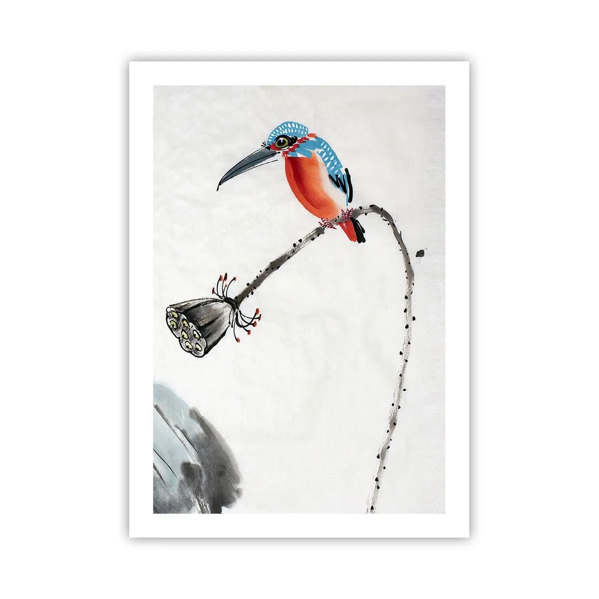 Poster - Bunter Eisvogel auf einem Ast im Aquarellstil - 50x70cm - Das Leben der Wiese - Moderne Wanddekoration für Wohnzimmer und Schlafzimmer ARTTOR