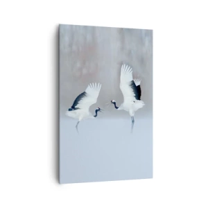 Bild auf Leinwand - Leinwandbild - Zwei Kraniche tanzen in einer nebligen Landschaft - 80x120cm - Tanz im Nebel - Moderne Wanddekoration für Wohnzimmer und Schlafzimmer ARTTOR