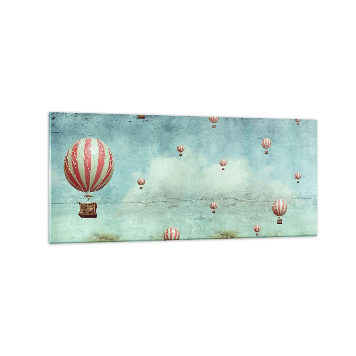Glasbild - Bild auf glas - Retro-Ballons vor blauem Himmel und grünem Hintergrund - 120x50cm - Frei von der Hektik des Lebens - Moderne Wanddekoration für Wohnzimmer und Schlafzimmer ARTTOR