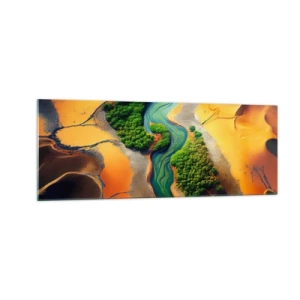 Glasbild - Bild auf glas - Ein grüner Fluss, umgeben von goldenem Sand und Vegetation - 140x50cm - Lebensspendender Fluss - Moderne Wanddekoration für Wohnzimmer und Schlafzimmer ARTTOR