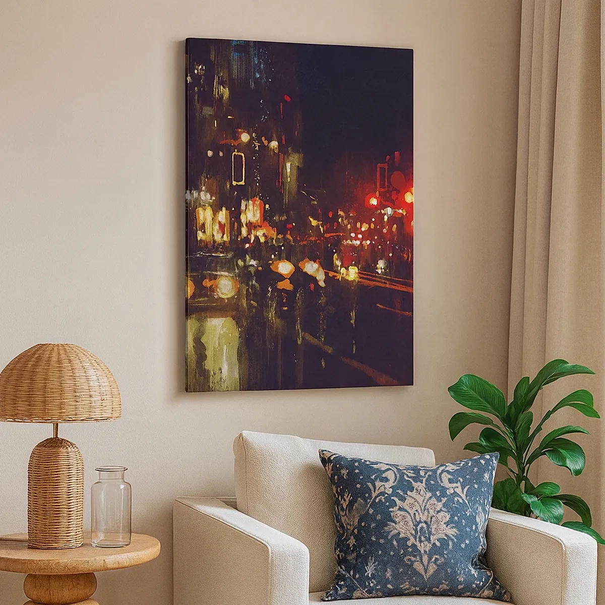 Bild auf Leinwand - Leinwandbild - Nachtszene in der Stadt mit bunten Lichtern und Straßenreflexionen - 50x70cm - Eingetaucht in die Lichter der Nacht - Moderne Wanddekoration für Wohnzimmer und Schlafzimmer ARTTOR