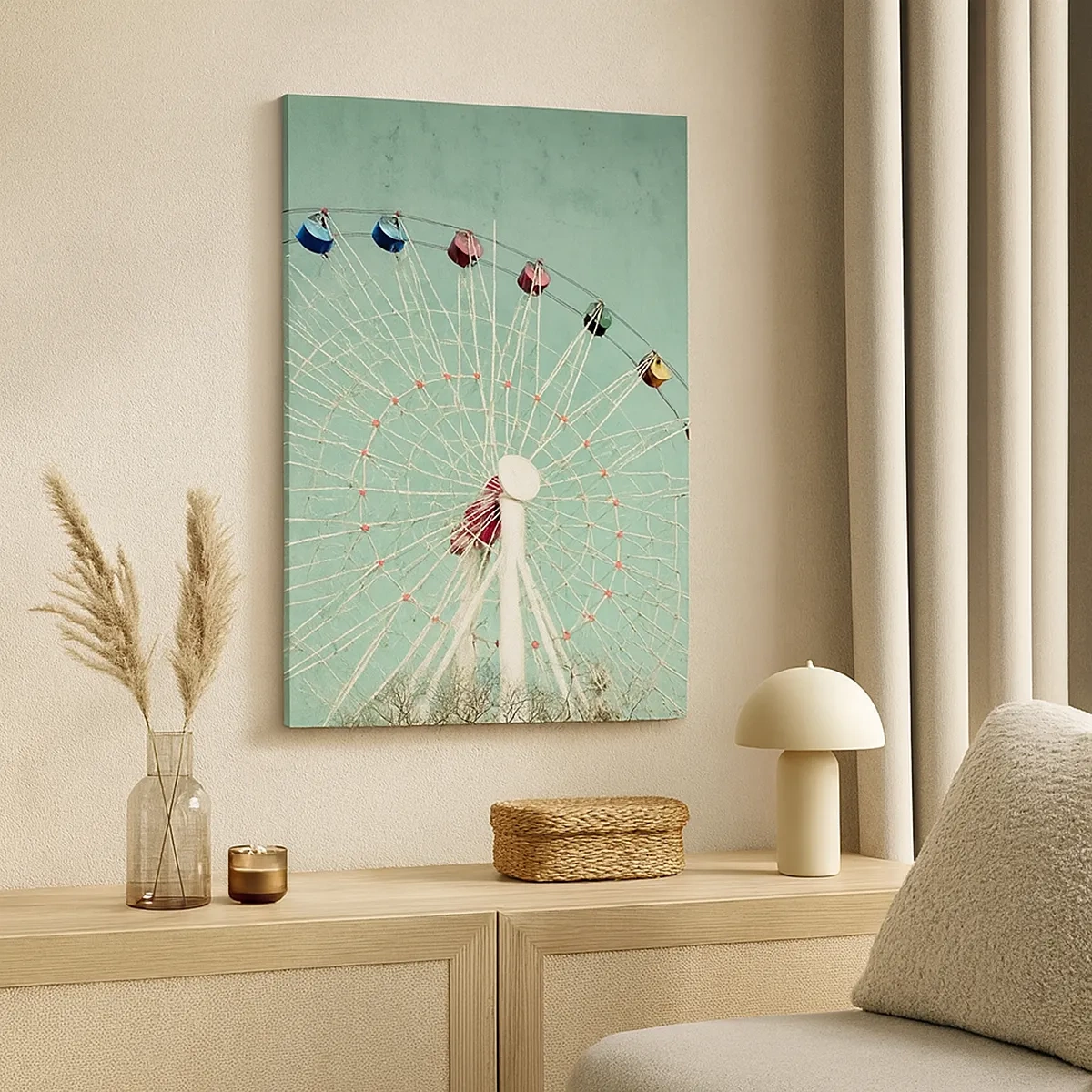 Bild auf Leinwand - Leinwandbild - Ein buntes Riesenrad vor blauem Himmel im Retro-Stil - 50x70cm - Wir laden zum Spiel ein - Moderne Wanddekoration für Wohnzimmer und Schlafzimmer ARTTOR