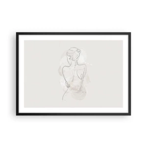 Poster in einem schwarzem Rahmen - Eine minimalistische Skizze einer weiblichen Silhouette vor hellem Hintergrund. - 70x50cm - Wie ein sensibles Instrument - Moderne Wanddekoration für Wohnzimmer und Schlafzimmer ARTTOR