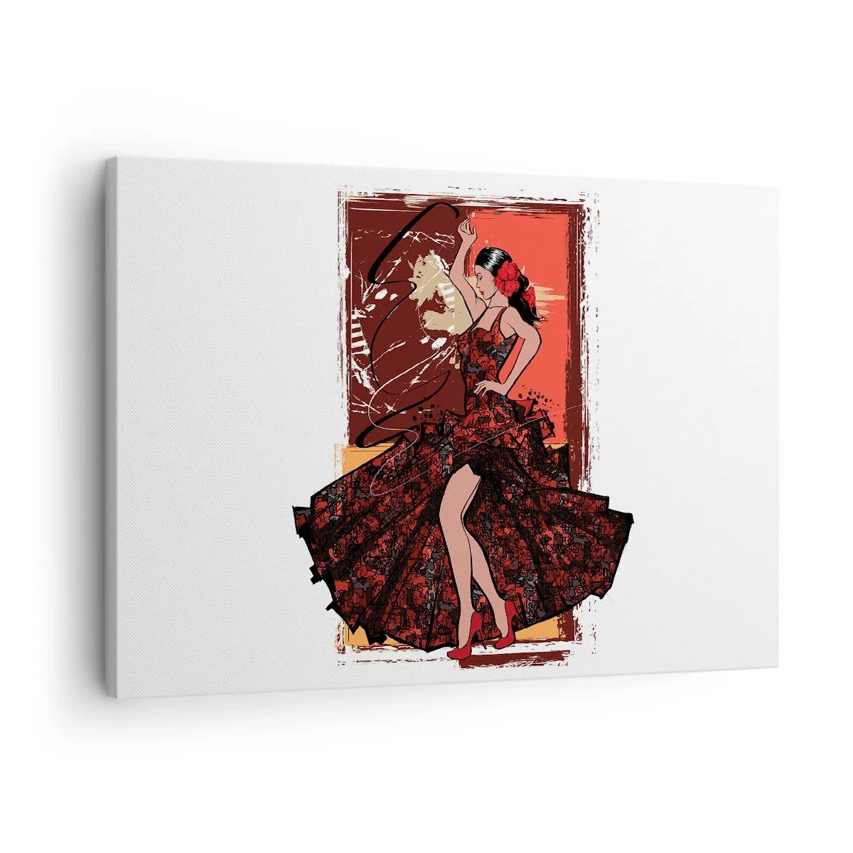 Bild auf Leinwand - Leinwandbild - Eine Tänzerin in einem rot-schwarzen Kleid vor einem künstlerischen Hintergrund - 70x50cm - Im Rhythmus des Herzens - Moderne Wanddekoration für Wohnzimmer und Schlafzimmer ARTTOR