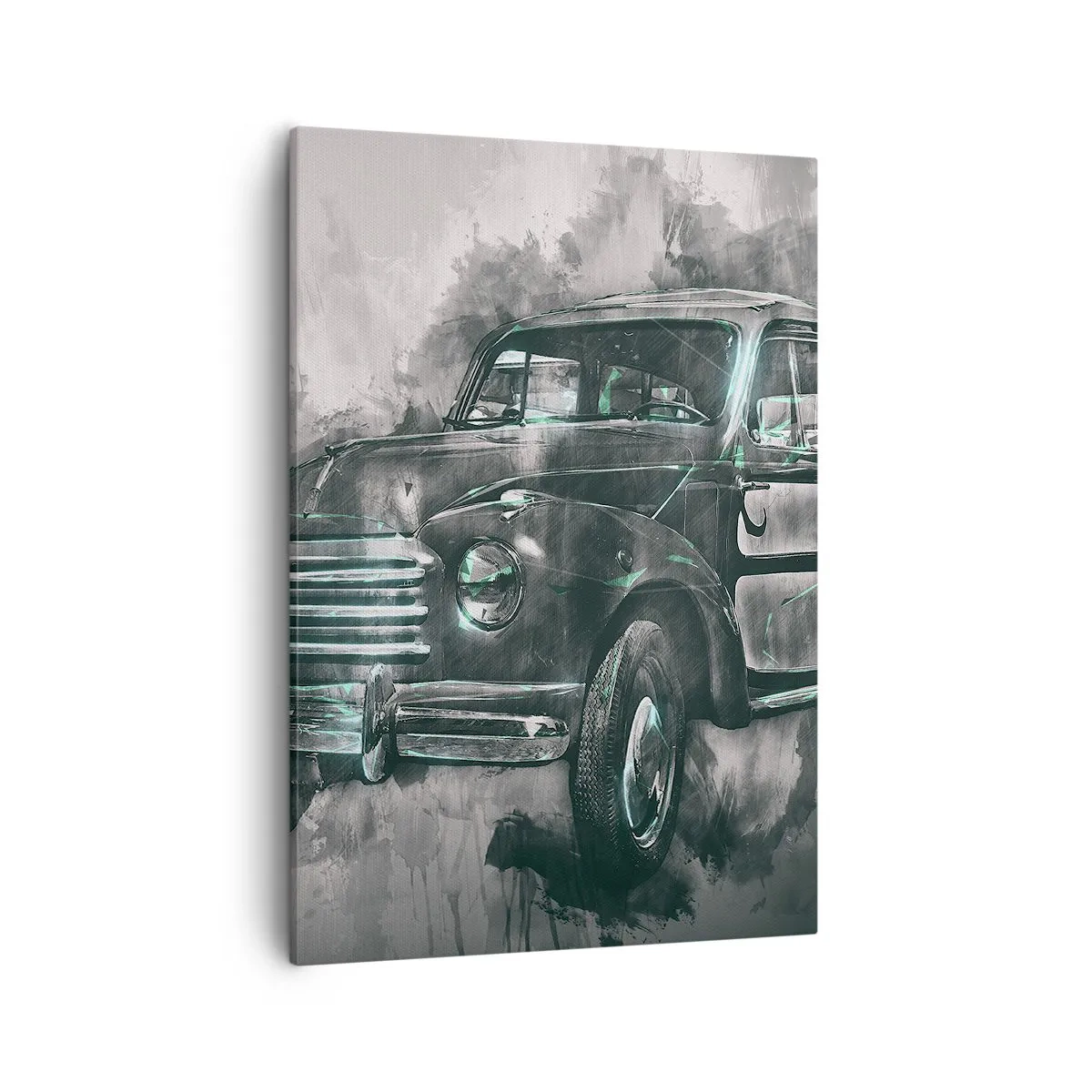 Bild auf Leinwand - Leinwandbild - Ein klassisches Retro-Auto vor künstlerischer Kulisse - 50x70cm - Geehrter Vorfahr - Moderne Wanddekoration für Wohnzimmer und Schlafzimmer ARTTOR