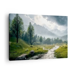 Bild auf Leinwand - Leinwandbild - Eine Berglandschaft mit einem Fluss und Bäumen, umgeben von nebligen Bergen - 70x50cm - Hin und zurück - Moderne Wanddekoration für Wohnzimmer und Schlafzimmer ARTTOR