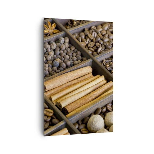 Bild auf Leinwand - Leinwandbild - Gewürze und Kaffee in Holzfächern - 80x120cm - Eine Fundgrube an Aromen - Moderne Wanddekoration für Wohnzimmer und Schlafzimmer ARTTOR