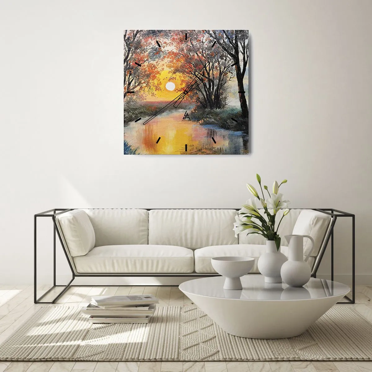 Wanduhr - Glasuhr - Sonnenuntergang über dem Fluss in einer Herbstlandschaft - 30x30cm - Herbststimmung - Moderne Wanddekoration für Wohnzimmer und Schlafzimmer ARTTOR