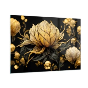 Glasbild - Bild auf glas - Goldene Blumen auf schwarzem Hintergrund in einer eleganten Komposition - 100x70cm - Subtile Zerbrechlichkeit - Moderne Wanddekoration für Wohnzimmer und Schlafzimmer ARTTOR