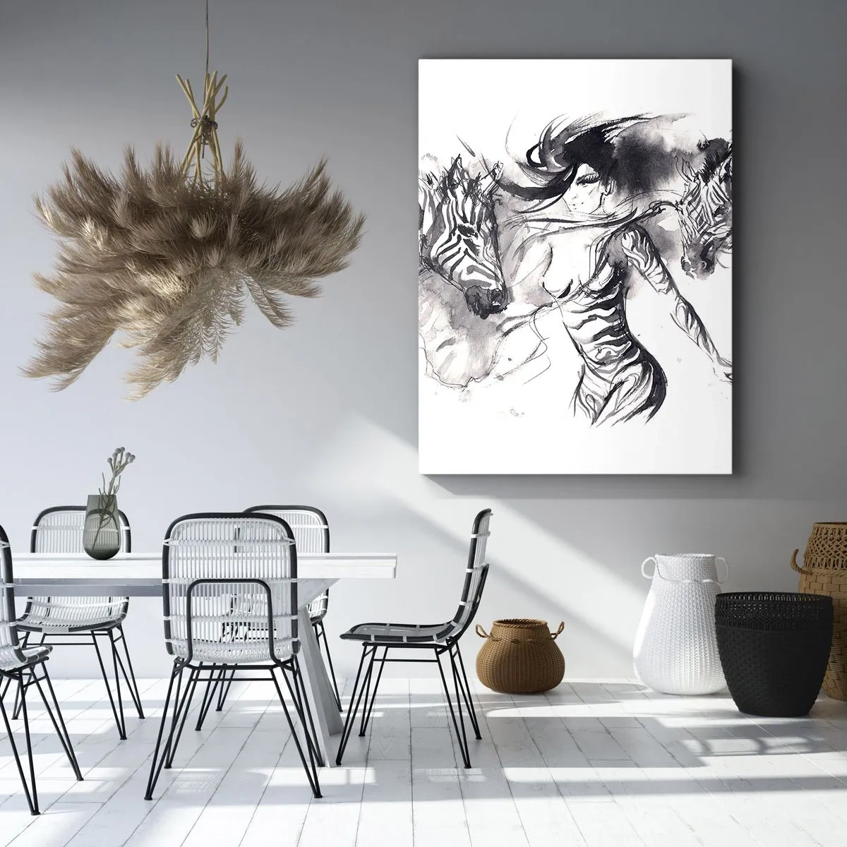 Bild auf Leinwand - Leinwandbild - Eine Frau in einem dynamischen Tanz mit Zebras in einer Schwarz-Weiß-Ästhetik - 80x120cm - Tanzen mit den Zebras - Moderne Wanddekoration für Wohnzimmer und Schlafzimmer ARTTOR