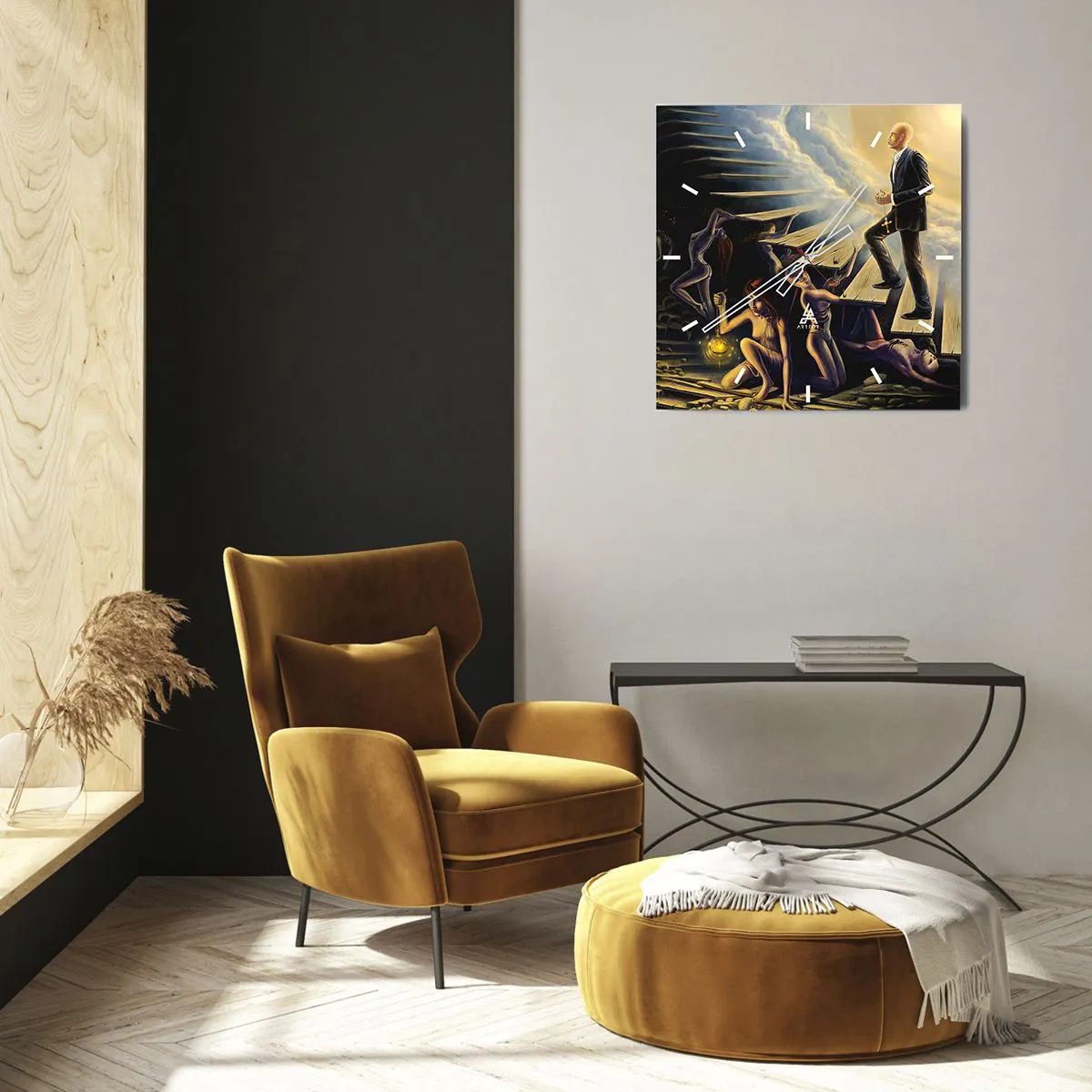 Wanduhr - Glasuhr - Eine symbolische Szene des Weges zum Licht durch eine verfallene Treppe - 30x30cm - Danteske Reise zum Licht - Moderne Wanddekoration für Wohnzimmer und Schlafzimmer ARTTOR