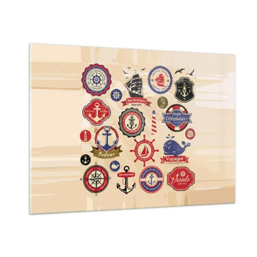 Glasbild - Bild auf glas - Nautische Embleme und Symbole auf beigem Hintergrund - 100x70cm - Segelbruderschaft - Moderne Wanddekoration für Wohnzimmer und Schlafzimmer ARTTOR