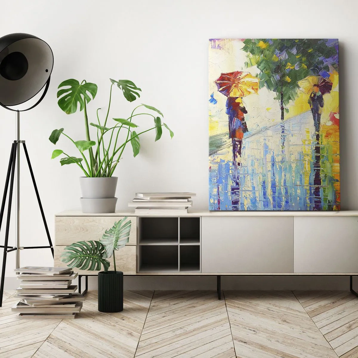 Bild auf Leinwand - Leinwandbild - Ein Spaziergang mit Regenschirm in einer farbenfrohen Regenlandschaft - 70x100cm - Und alles klar - Moderne Wanddekoration für Wohnzimmer und Schlafzimmer ARTTOR