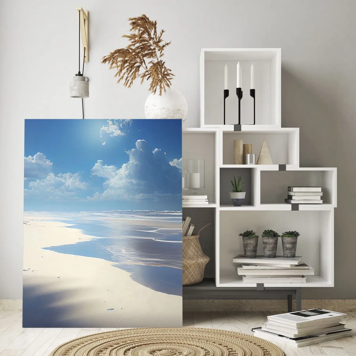 Glasbild - Bild auf glas - Ein Sandstrand mit Wellen unter blauem Himmel - 70x100cm - Paradiesischer Urlaub - Moderne Wanddekoration für Wohnzimmer und Schlafzimmer ARTTOR