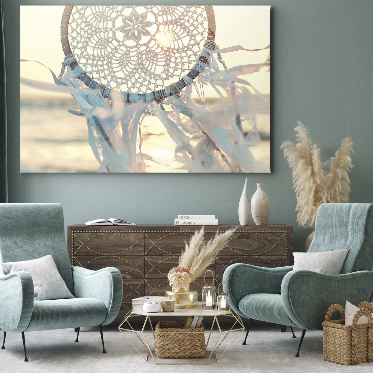 Bild auf Leinwand - Leinwandbild - Ein zarter Traumfänger vor dem Hintergrund der untergehenden Sonne - 70x50cm - Totem aus Spitze - Moderne Wanddekoration für Wohnzimmer und Schlafzimmer ARTTOR