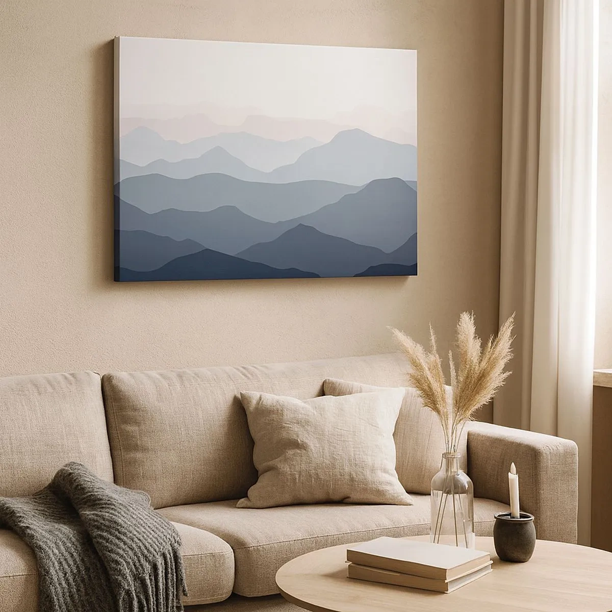 Bild auf Leinwand - Leinwandbild - Dezente Bergschichten in Grau- und Blautönen - 70x50cm - Wellen der Berge - Moderne Wanddekoration für Wohnzimmer und Schlafzimmer ARTTOR