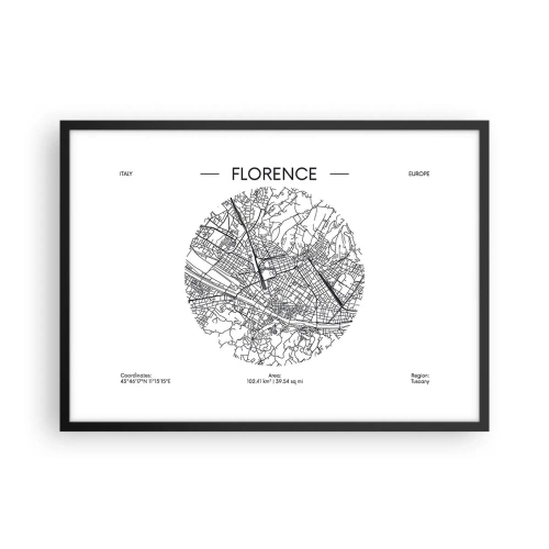 Poster in einem schwarzem Rahmen - Eine Karte von Florenz im minimalistischen Schwarz-Weiß-Stil - 70x50cm - Anatomie von Florenz - Moderne Wanddekoration für Wohnzimmer und Schlafzimmer ARTTOR
