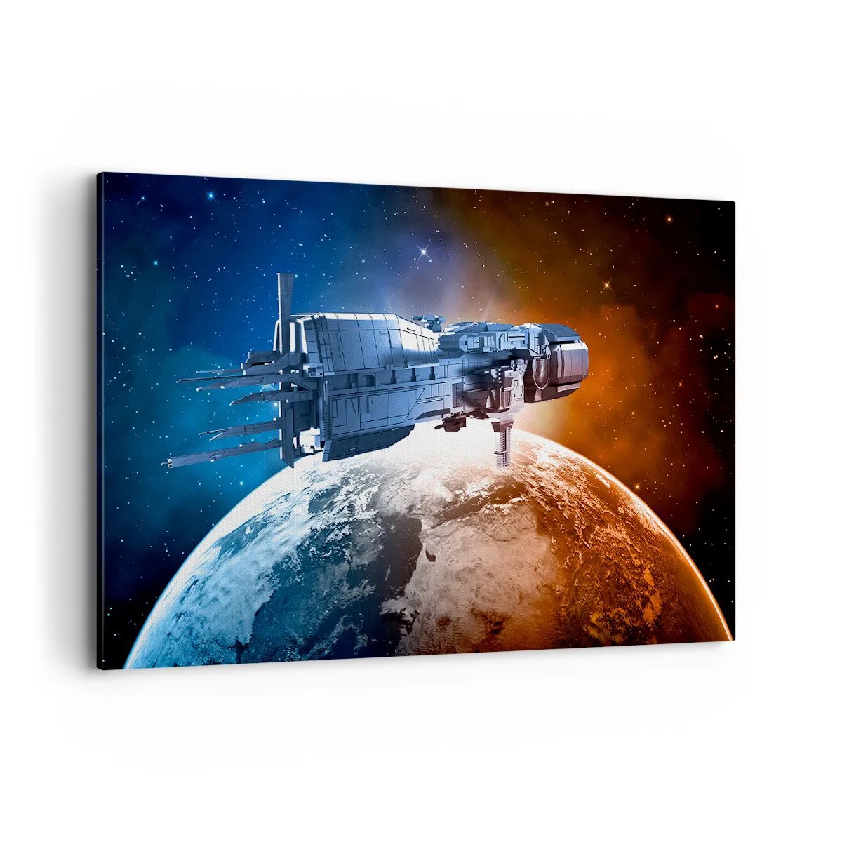 Bild auf Leinwand - Leinwandbild - Ein Raumschiff vor dem Hintergrund eines Planeten im Weltraum - 120x80cm - Ein aufmerksamer Beobachter - Moderne Wanddekoration für Wohnzimmer und Schlafzimmer ARTTOR