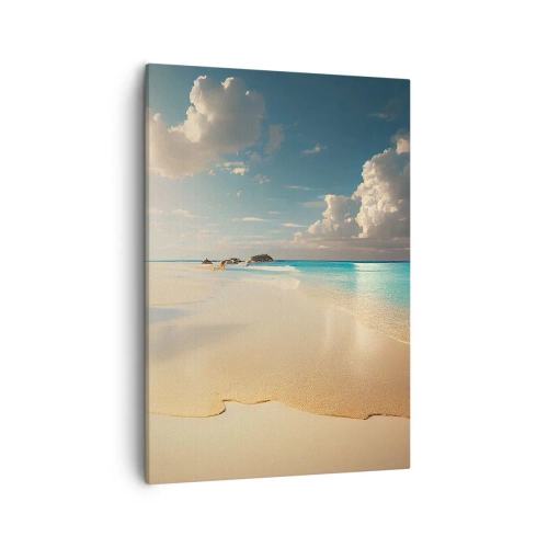 Bild auf Leinwand - Leinwandbild - Ein sonniger Strand mit blauem Meer und Felsen - 50x70cm - Erträumter Tag - Moderne Wanddekoration für Wohnzimmer und Schlafzimmer ARTTOR