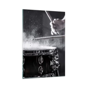 Glasbild - Bild auf glas - Schlagen der Snare Drum mit Sticks mit Staubeffekt - 80x120cm - Der Puls der Musik - Moderne Wanddekoration für Wohnzimmer und Schlafzimmer ARTTOR