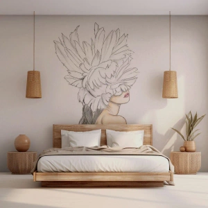 Fototapete Premium Sand - Skizze einer Frau mit einem Federkopfschmuck, der ihre Augen bedeckt - 100x70cm - Gekrönte Schönheit - Moderne Wanddekoration für Wohnzimmer und Schlafzimmer ARTTOR