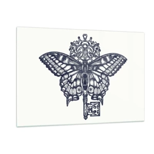 Glasbild - Bild auf glas - Abbildung eines Schmetterlings mit einem Schlüssel in der Mitte - 120x80cm - Alle Geheimnisse des Herzens - Moderne Wanddekoration für Wohnzimmer und Schlafzimmer ARTTOR