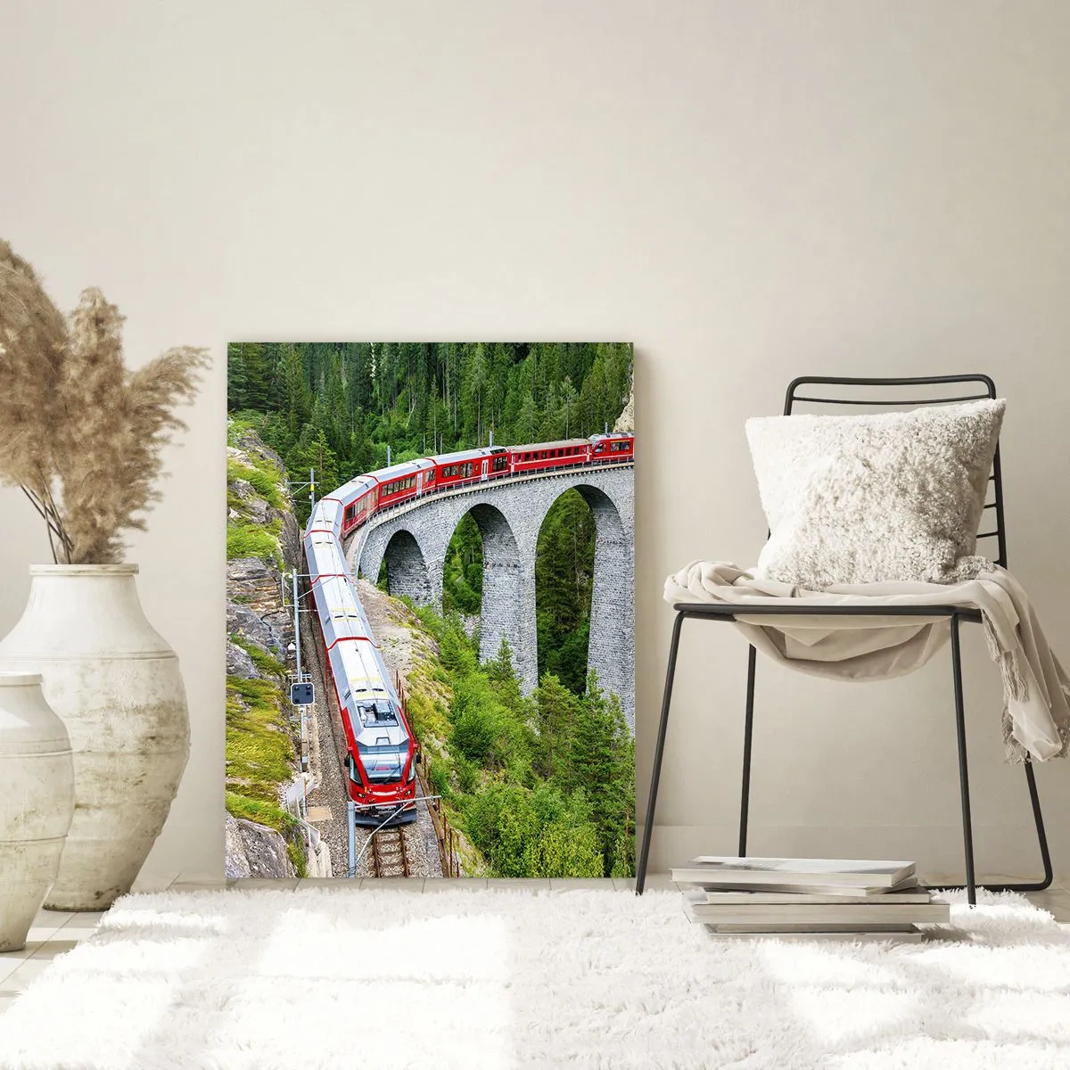 Glasbild - Bild auf glas - Ein Zug auf einem malerischen Viadukt in einer Berglandschaft - 70x100cm - Eisenbahn für Bergblick - Moderne Wanddekoration für Wohnzimmer und Schlafzimmer ARTTOR