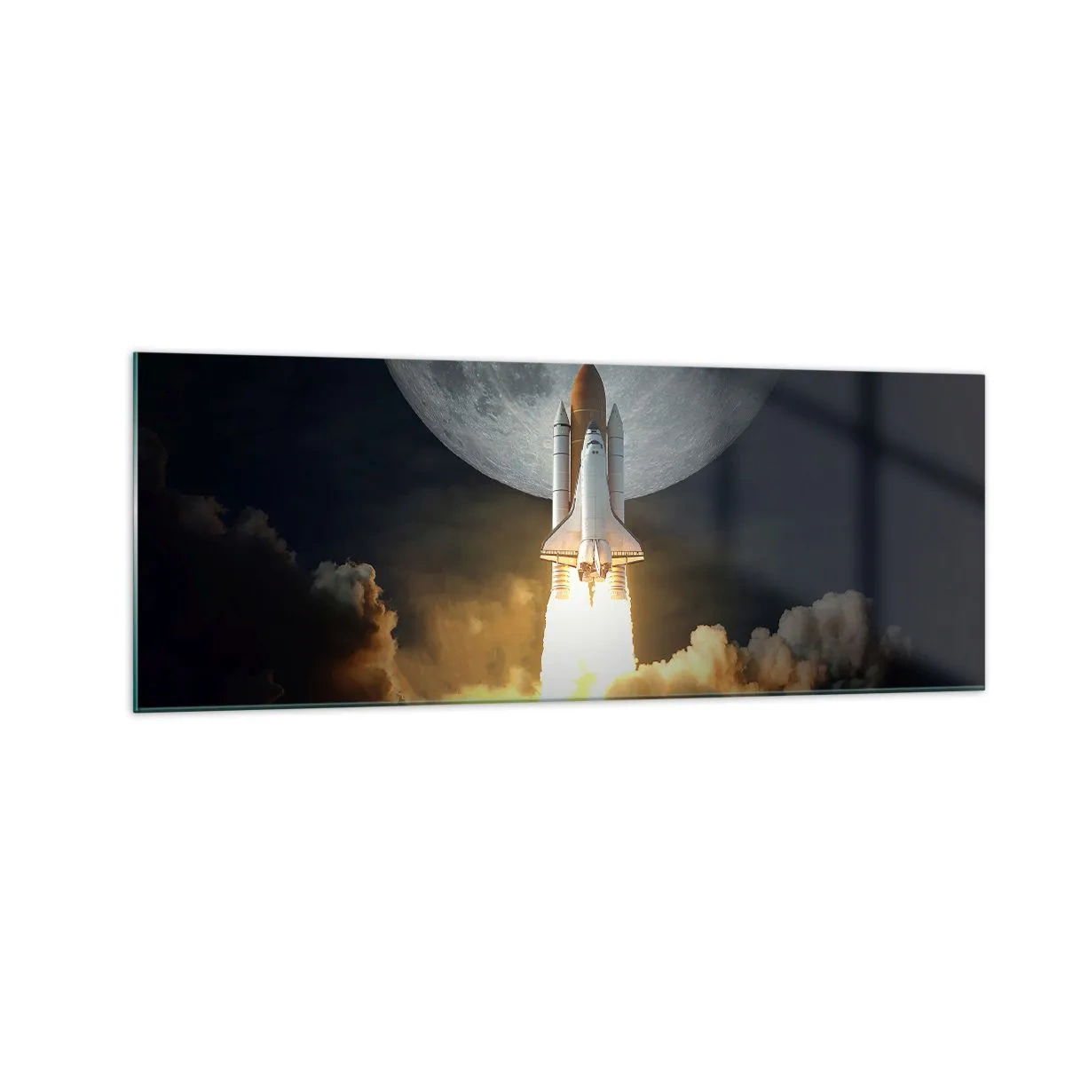 Glasbild - Bild auf glas - Eine Rakete hebt vor dem Hintergrund eines Vollmonds ab, umgeben von dynamischen Wolken. - 140x50cm - Beginn eines überirdischen Abenteuers - Moderne Wanddekoration für Wohnzimmer und Schlafzimmer ARTTOR