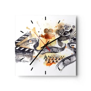 Wanduhr - Glasuhr - Die Symbolik des Kinos mit einem Filmstreifen in einem künstlerischen Aquarell - 30x30cm - Im Land der Träume - Moderne Wanddekoration für Wohnzimmer und Schlafzimmer ARTTOR