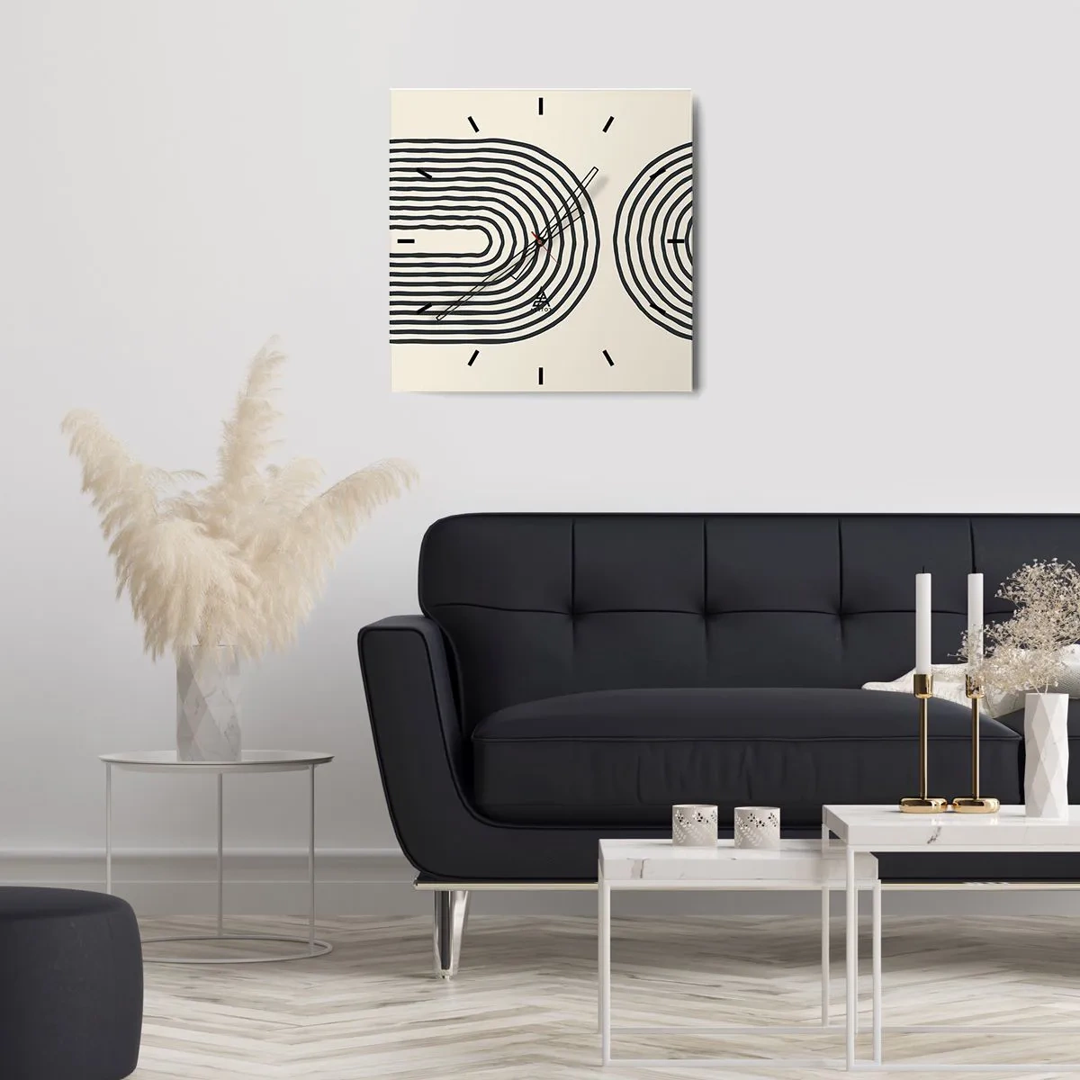 Wanduhr - Glasuhr - Abstraktes geometrisches Muster mit symmetrischen Linien auf hellem Hintergrund - 30x30cm - In einem Moment ... - Moderne Wanddekoration für Wohnzimmer und Schlafzimmer ARTTOR